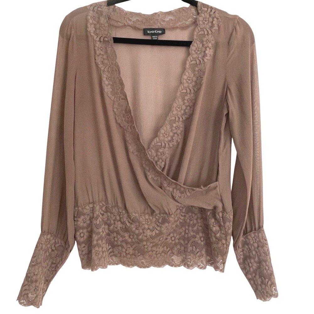 Bebe Womens Silk Lace Trim Wrap Blouse Mauve Taupe Long Sleeve V-Neck Medium